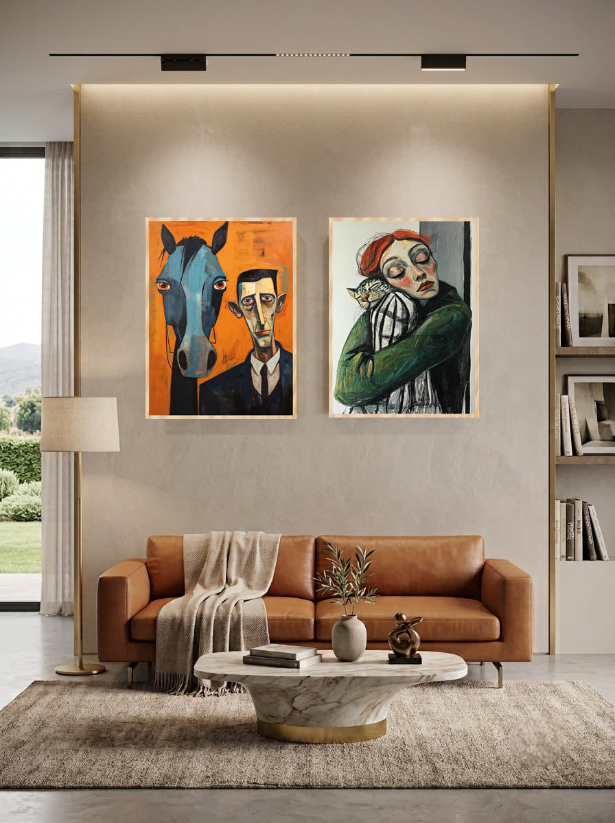 2'Li Tablo Seti Cat and Woman_Man and Horse