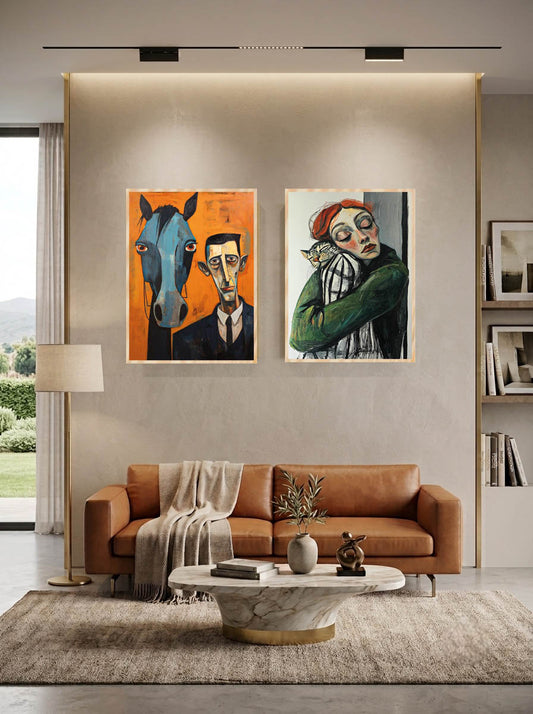 2'Li Tablo Seti Cat and Woman_Man and Horse