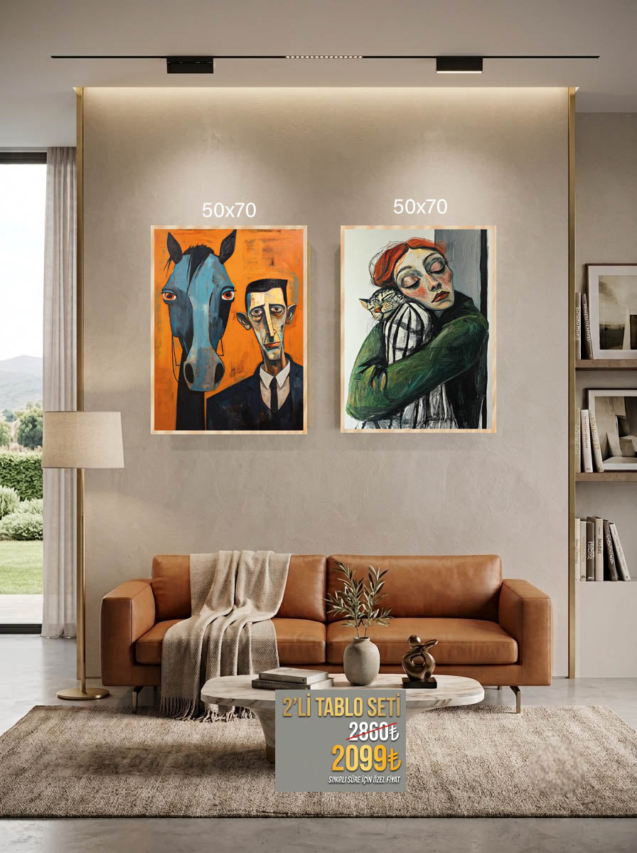 2'Li Tablo Seti Cat and Woman_Man and Horse
